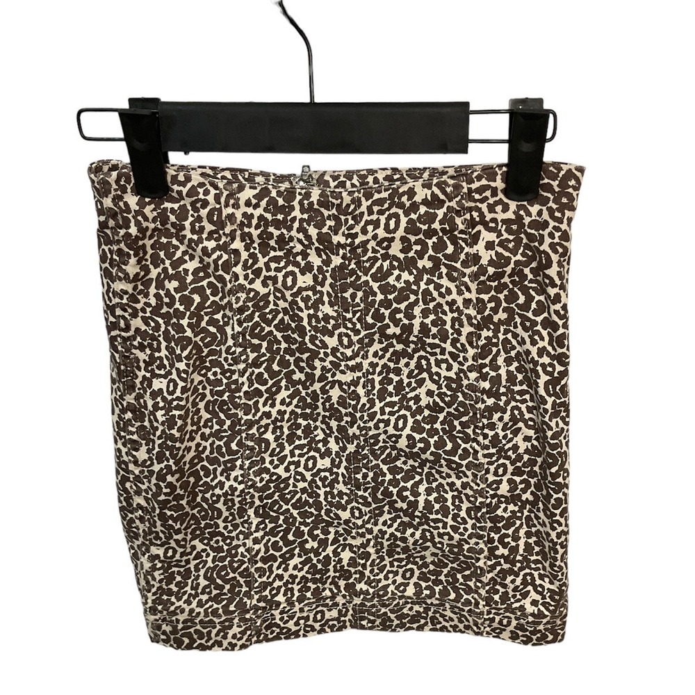 Free People Women Brown Animal Print Stretch Pencil Mini Denim Skirt Size 0 R2